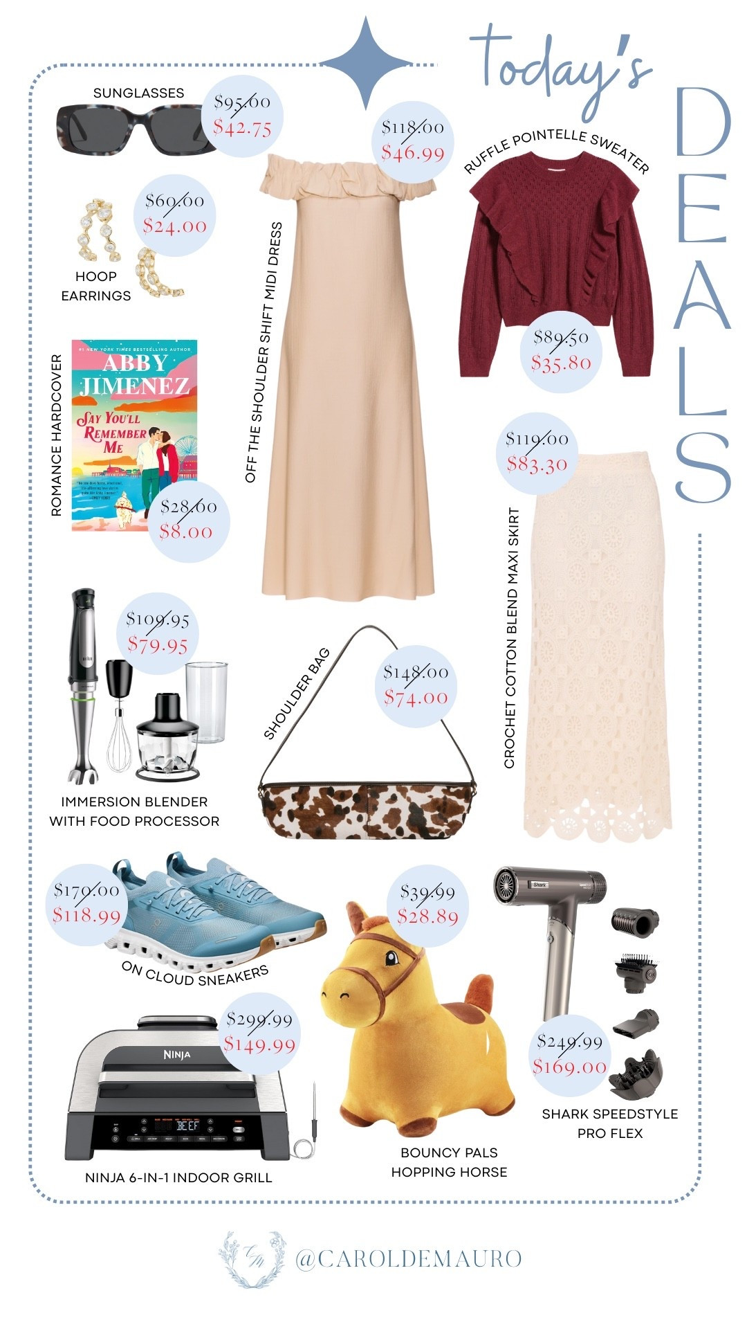 Today's deals are a list of items you're gonna love to shop! Get the classy off-shoulder dress, ruffle sweater, crochet maxi skirt, printed cow shoulder bag, rectangular sunglasses, and On Cloud sneakers for fashion. Invest in a Ninja indoor grill, an immersion blender with a food processor, and a Shark Speedstyle Pro Flex. 

casual cute outfit, date night dress, fashion accessories, running shoes, kitchen gadgets, hairstyling tool, book recommendation, kid toys

#LTKSaleAlert #LTKU #LTKSeasonal