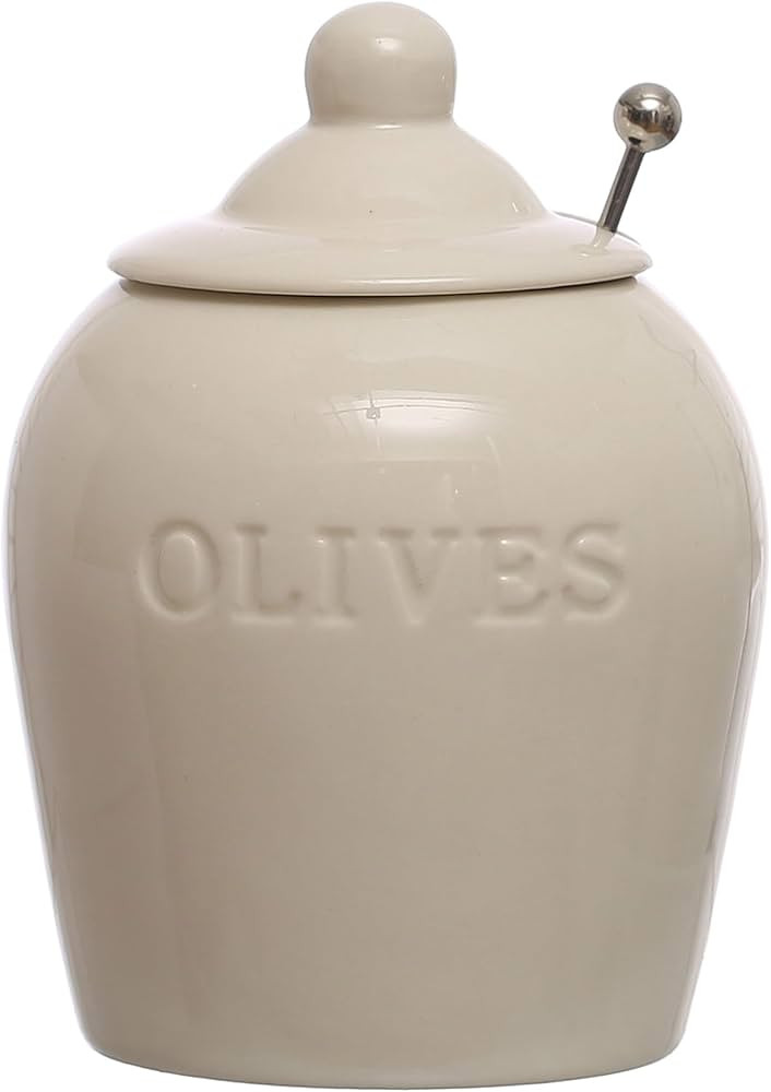 Creative Co-Op 4 Inches Round Debossed Stoneware Stainless Steel Slotted Spoon Olives, White, Set... | Amazon (US)