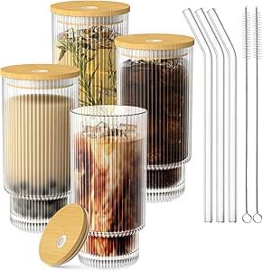 Glass Cups with Lid and Straw 4 Set, 16OZ Drinking Glasses for Whiskey Cocktail Beer, Ribbed Glas... | Amazon (US)