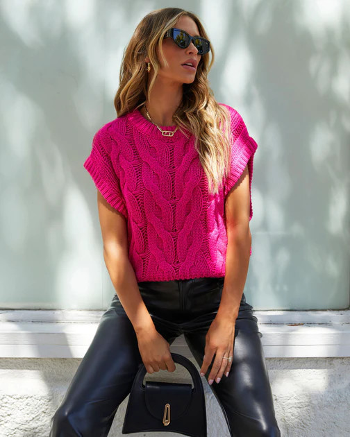 Sivan Cable Knit Sweater Vest - Hot Pink | VICI
