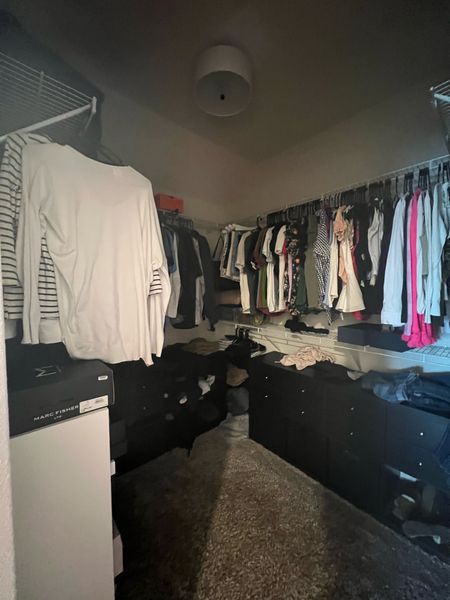 Simple black and white flush mount lighting in the closet