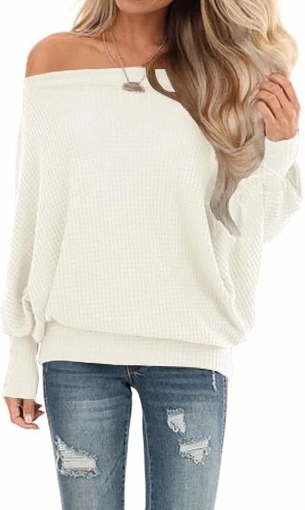 Lacozy Women's Waffle Knit Off The Shoulder Tops Oversized Long Sleeve Tunic Shirts Pullover Sweater | Amazon (US)