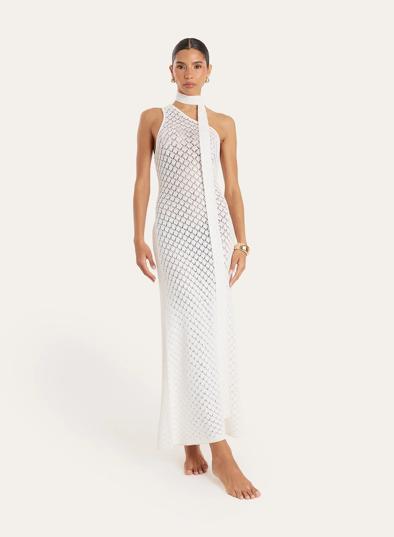 Women's White Crochet One Shoulder Scarf Neck Maxi Dress | Enya | 4th & Reckless | 4th & Reckless