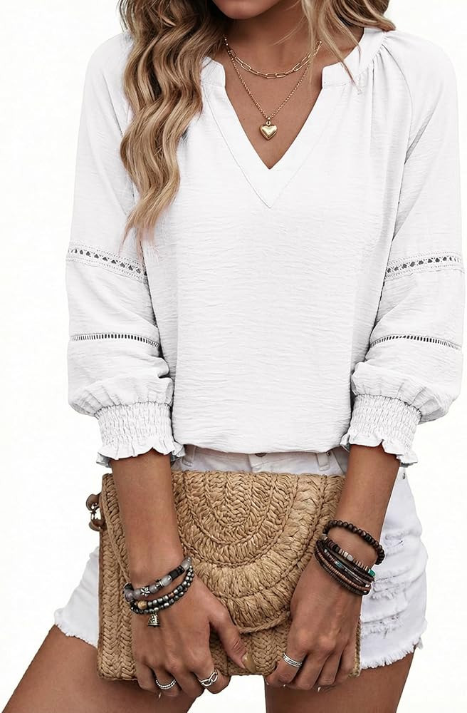 Dokotoo Womens 3/4 Sleeve Tops Pleated Business Casual Outifits V Neck Blouses Office Loose Shirt... | Amazon (US)