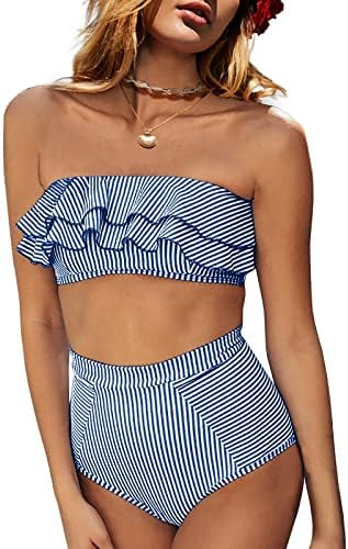 Saodimallsu Women High Waisted 2 Piece Bikini Set Bandeau Ruffle Swimsuit Top Striped Bathing Sui... | Amazon (US)