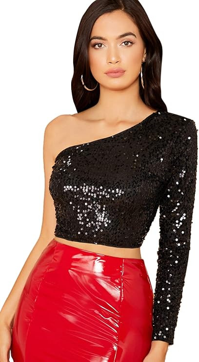 Verdusa Women's One Shoulder Glitter Sequin Crop T-Shirt Top | Amazon (US)