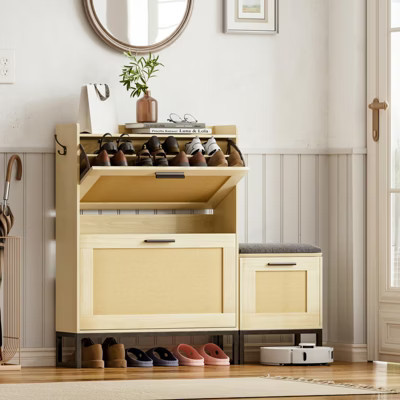 Shoe Storage Cabinet with Bench & 2 Flip Drawers, Narrow Shoe Rack Organizer, Natural | Target