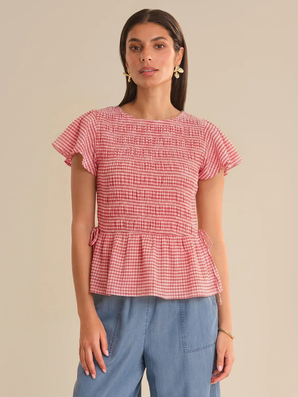 Gingham Smocked Flutter Sleeve Top \u2013 Racing Red Combo | 89th & Madison | 89th + Madison