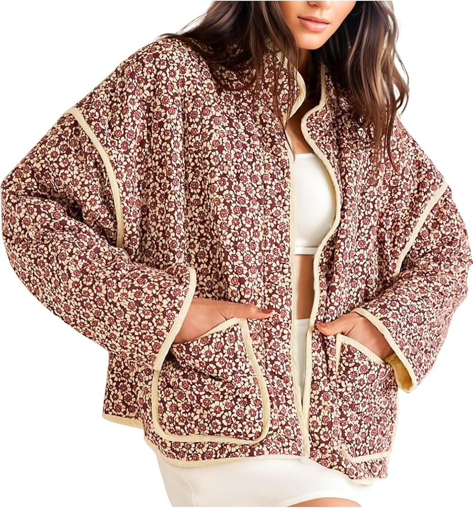 VAOYIU Women's Cropped Puffer Jacket Vintage Cardigan Floral Printed Lightweight Open Front Padde... | Amazon (US)