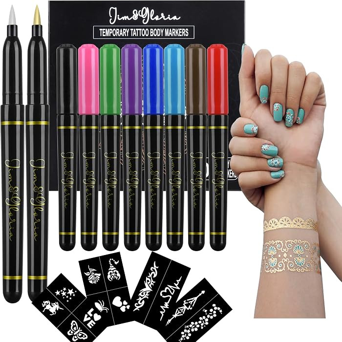 Jim&Gloria Skin Markers Temporary Tattoo Pen 10 Colors with Gold and Silver, Fake Body Paint Tatt... | Amazon (US)