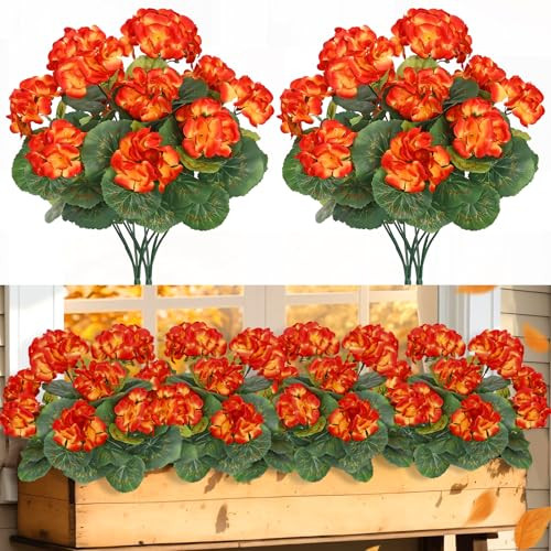 TOCHGREEN Artificial Fake Fall Flowers Outdoor 2Bundles Orange Geranium Silk Flowers Faux Fall Geraniums Plants UV Resistant Fall Decorations for Autumn Home Garden Balcony Patio Porch Decor | Amazon (US)