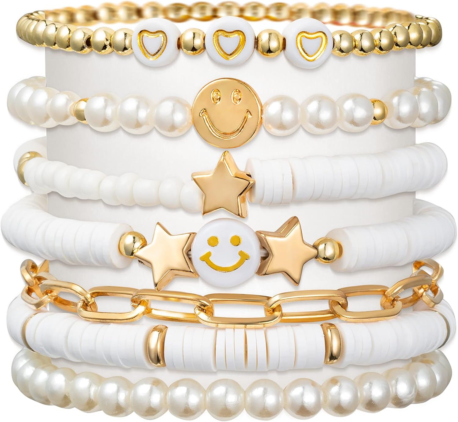 LieToi Preppy Heishi Bracelets Set Colorful White Gold Smile Heart Star Evil Eye Beaded Polymer C... | Amazon (US)