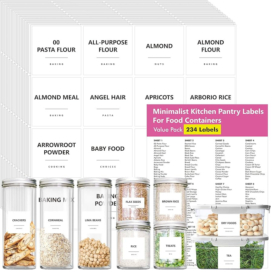 234 Minimalist Kitchen Pantry Food Labels, 216 Preprinted Flour Pasta Peas Cocoa Condiment Oil St... | Amazon (UK)