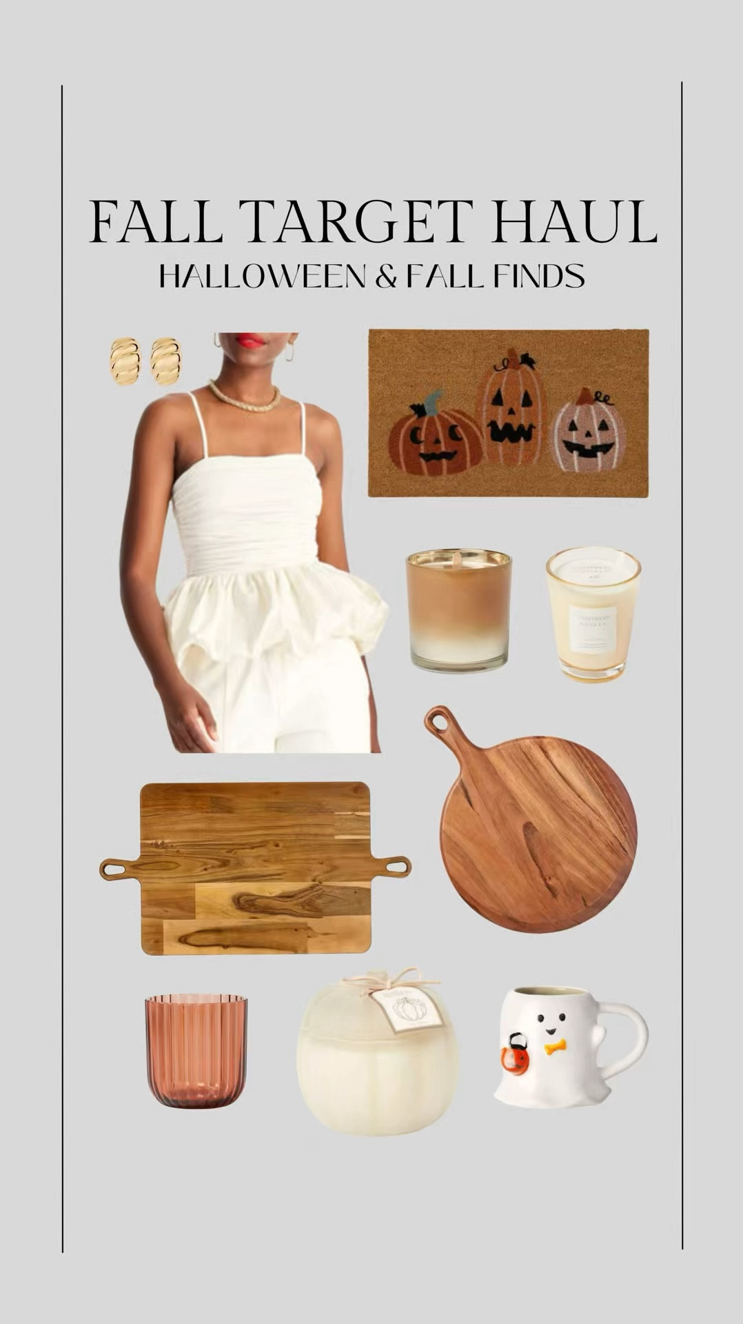 Fall Target haul 🤎 my new Halloween and fall finds 🍂

Fall outfit, fall style, Halloween decor, Halloween doormat, pumpkin doormat, pumpkin candle, wood cutting board, gold earrings, target style, target home, Halloween mug, ghost mug, Christine Andrew 

#LTKSeasonal #LTKVideo #LTKHome