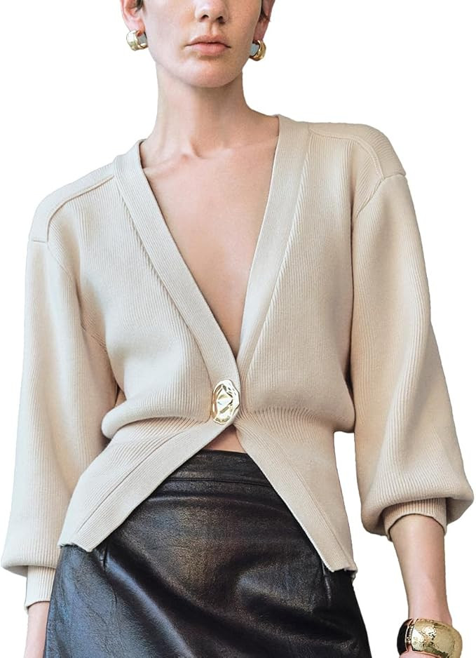 Women Knitted Cardigans Long Sleeve V-Neck Lightweight Sweater One Leaf Button Down Outwear | Amazon (US)