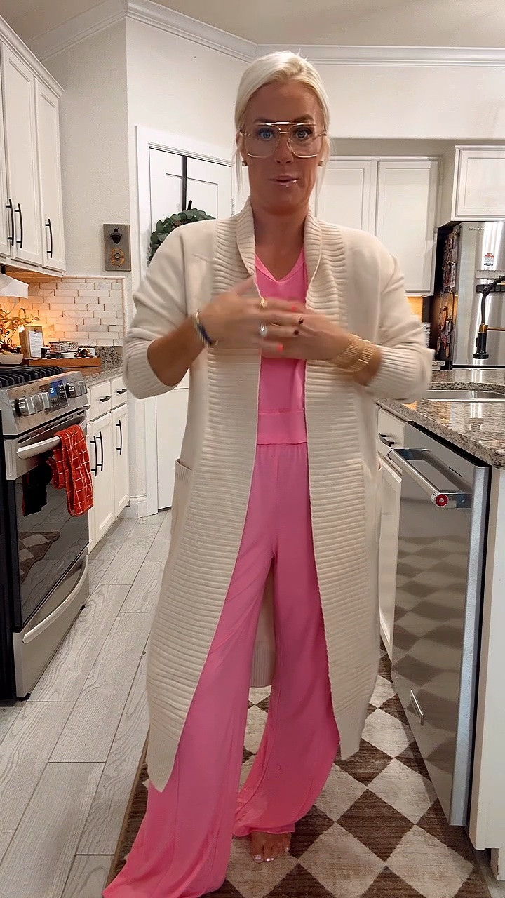 The cutest pink pajama set and cardigan 
Both are true to size
