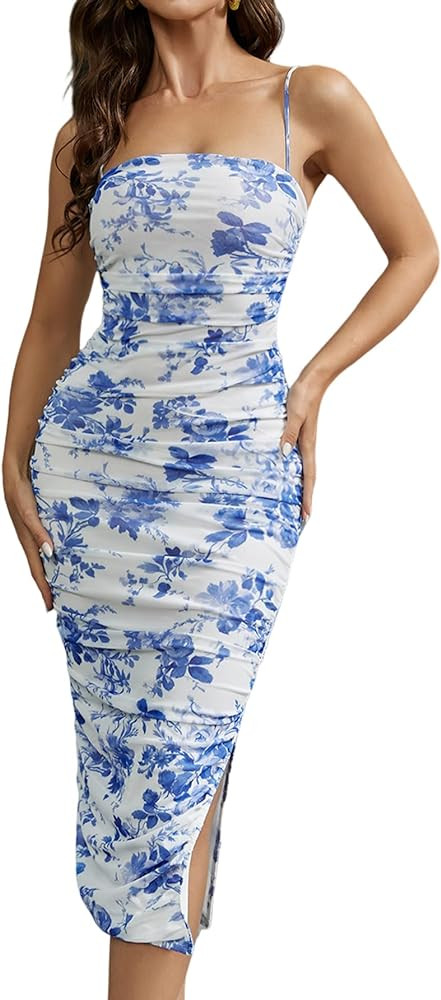 Parthea Women's Spaghetti Strap Sexy Dresses Ruched Bodycon Dress Floral Elastic Side Split Midi ... | Amazon (US)