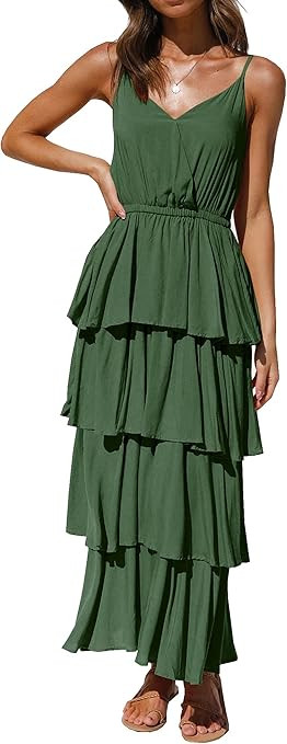R.Vivimos Women's Summer Cotton Spaghetti Straps V-Neck Layered Ruffle Hem Boho Swing Midi Dress | Amazon (US)