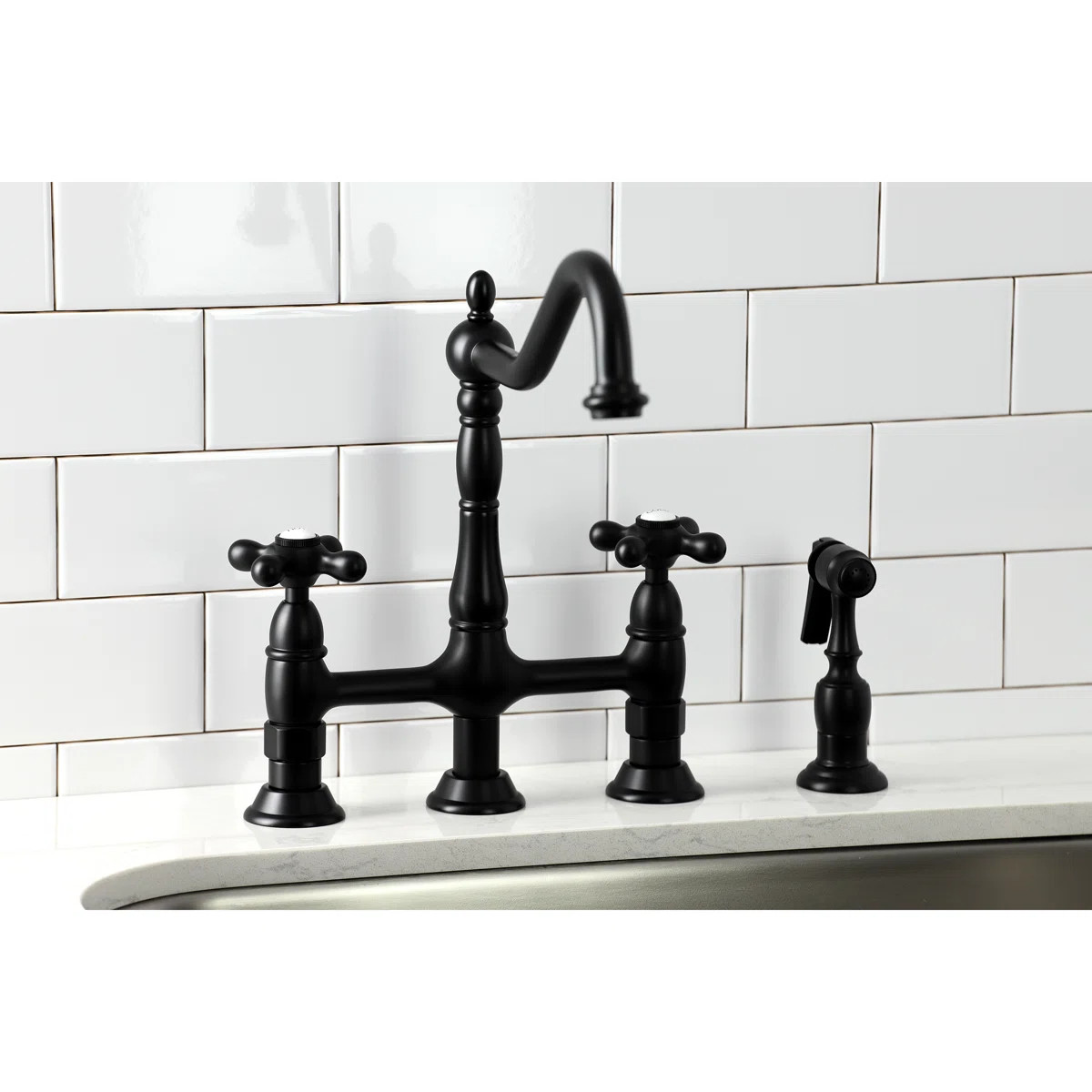 Kingston Brass Heritage Two-Handle 4-Hole Deck Mount Bridge Kitchen Faucet with Brass Side Spraye... | Wayfair North America