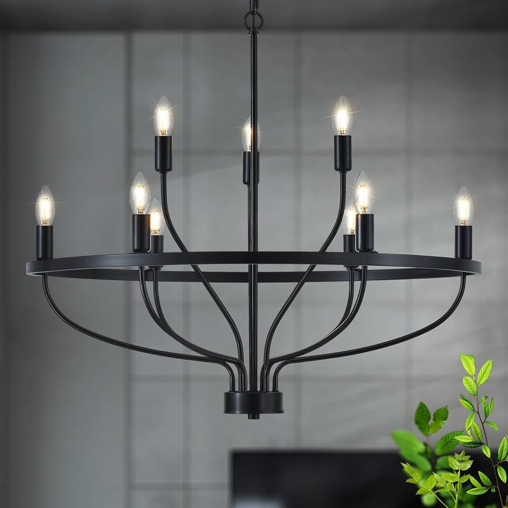 Industrial 30" Black Chandelier Vintage 9-Lights Farmhouse Candle Style Black Chandeliers Light F... | Amazon (US)