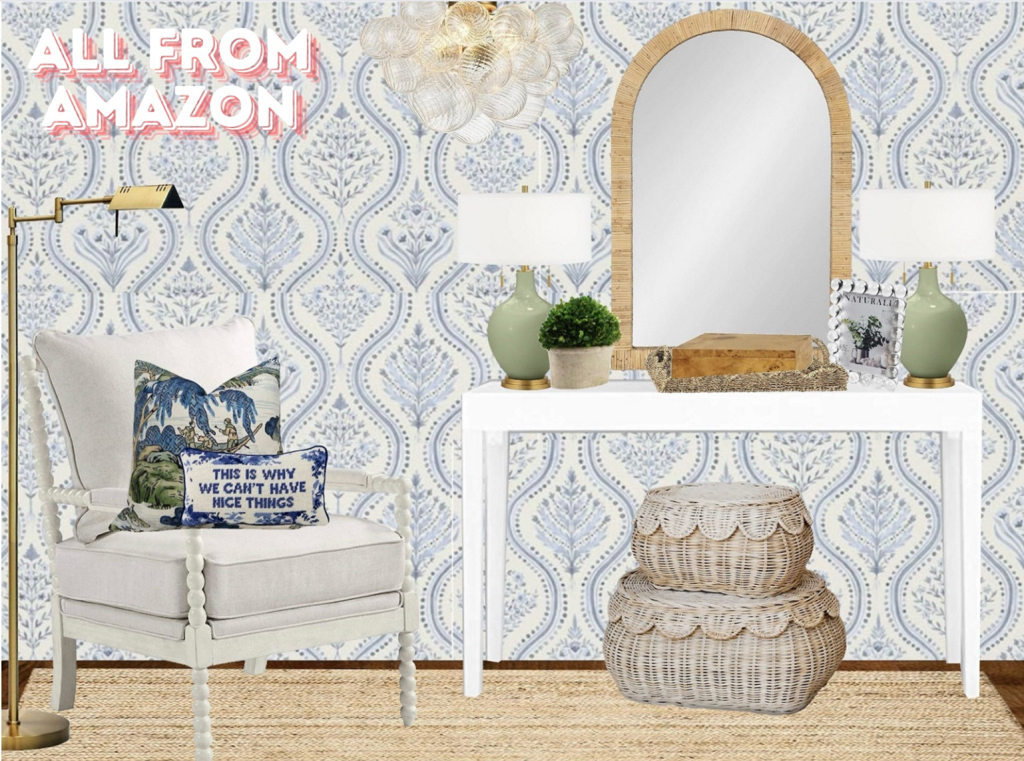 Amazon dupe. Entry way. Living room. Grandmillennial coastal chic decor. Spindle chair. Spool chair. Floor lamp. Designer pillow dupe. Jute rug. Needlepoint pillow. Console lacquer table. Scalloped wicker basket dupe. Buffet lamp. Green lamp. Boxwood. Scallop. Burl wood box. Decorative tray. Crystal picture frame. Wallpaper. Rattan mirror. Bubble chandelier dupe  

#LTKHome #LTKGiftGuide #LTKFindsUnder100