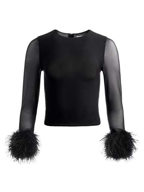 Delaina Mesh Feather-Cuff Top | Saks Fifth Avenue