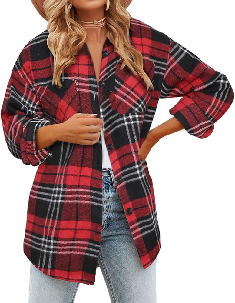 BTFBM Women's Long Sleeve Button Down Jackets Plaid Flannel Shirts Tops Casual Lapel V Neck Overs... | Amazon (US)