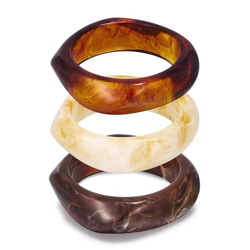 ENSKEFEN 3PCS Chunky Acrylic Resin Bangle Bracelet Set for Women Wide Retro Cream Brown Acrylic Bangles Stackable Statement Geometric Resin Bracelets | Amazon (US)