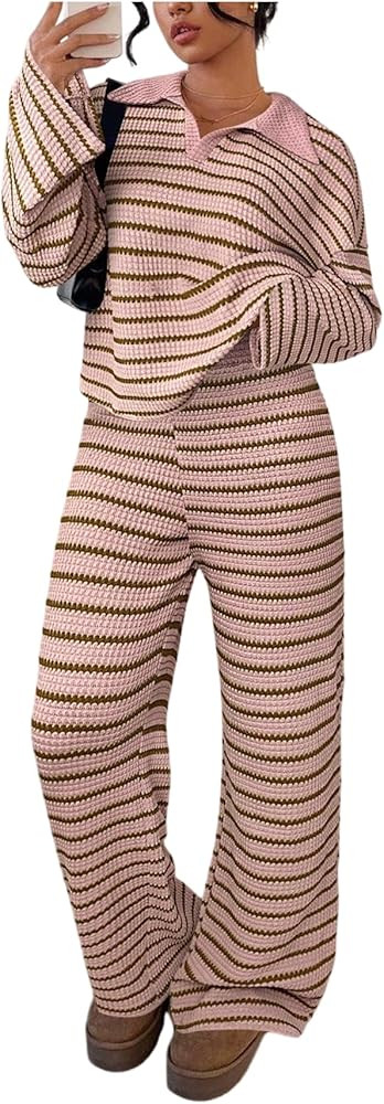 Verdusa Women's 2 Piece Striped Print Lounge Set Going Out Travel Outfit Winter Clothes Comfiest ... | Amazon (US)