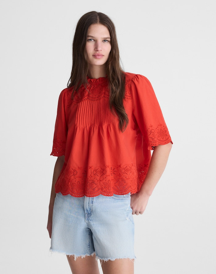 Embroidered Pintuck High-Neck Top | Madewell