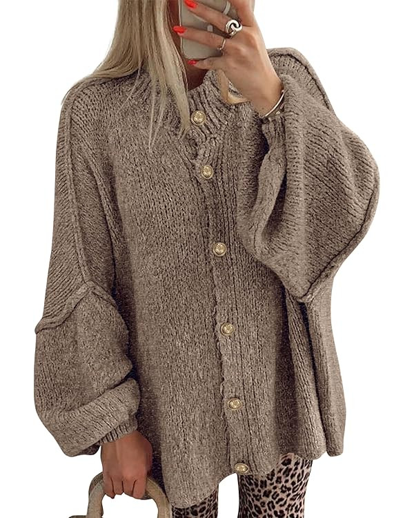BTFBM Cardigan Sweaters for Women 2025 Fall Winter Outwear Lantern Long Sleeve Button Down Oversi... | Amazon (US)
