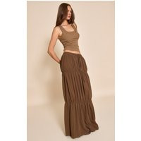 Brown Chiffon Tiered Bubble Maxi Skirt | PrettyLittleThing US