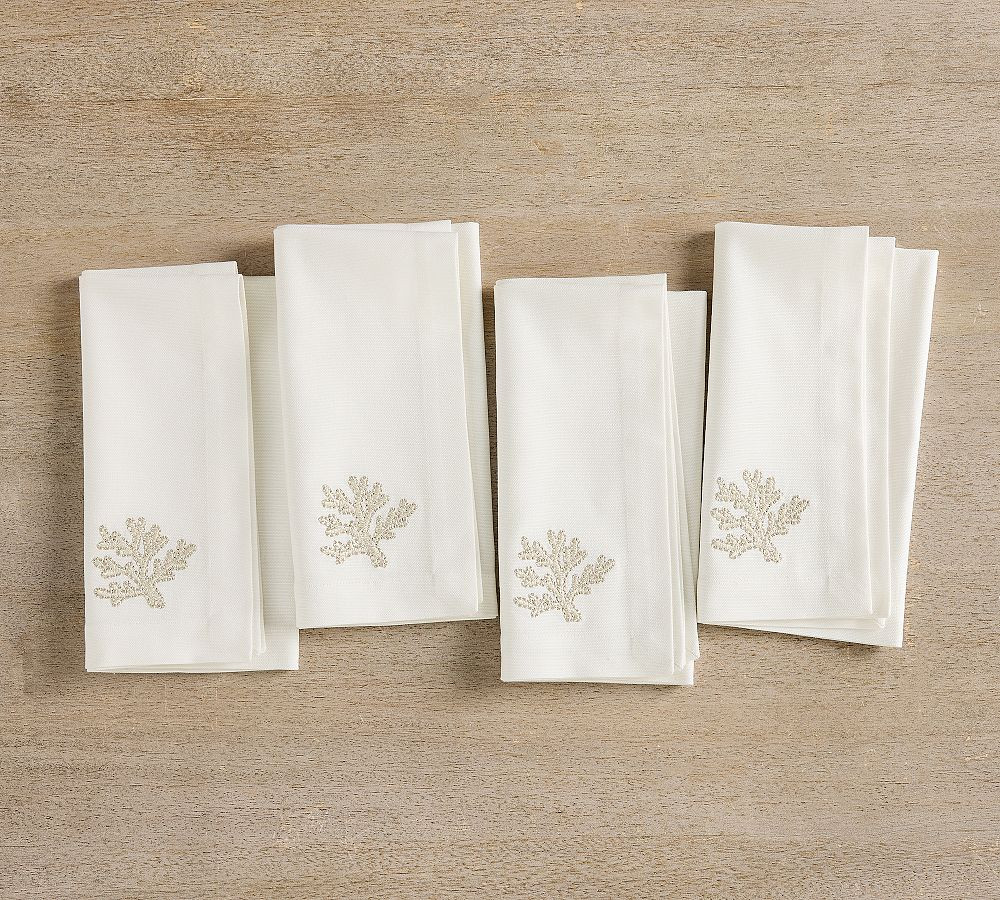 Coral Shimmer Embroidered Cotton Napkins - Set of 4 | Pottery Barn (US)