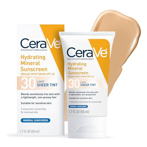 CeraVe Hydrating Mineral Sunscreen SPF 30 with Sheer Tint, Tinted Mineral Sunscreen with Zinc Oxide & Titanium Dioxide, Blends Seamlessly For Healthy Glow, Light, 1.7 Oz | Amazon (US)