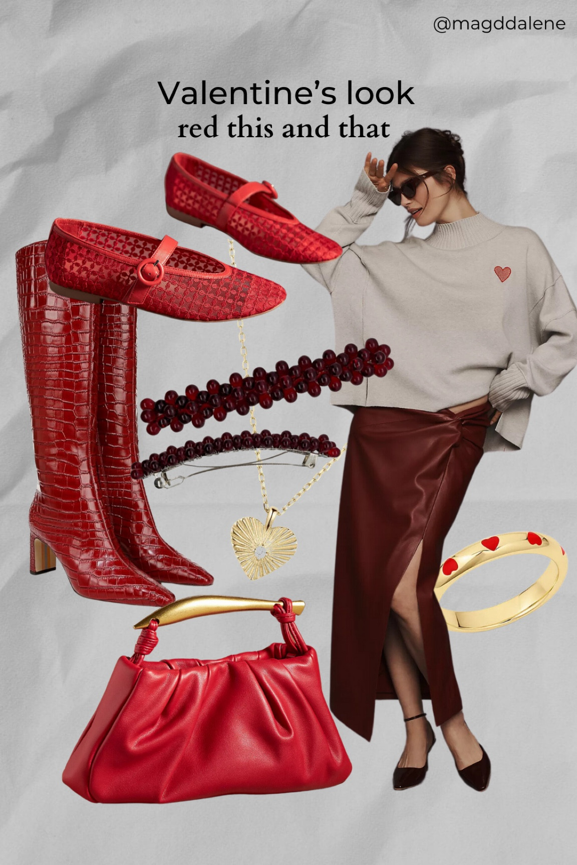 Valentine’s Day is all about the reds and pinks and the reds are for LOVE. This one is for my casual girlies who like to elevate their outfits with tasteful details. I’m obsessed with the red leather handbag with gold handle. I would pair it with the red mesh flats. The gold ring with hearts would make the perfect valentines gift, even if it’s a gift to self. The heart sweater would stay on me all year round on colder days. 

#LTKStyleTip #LTKGiftGuide #LTKSeasonal