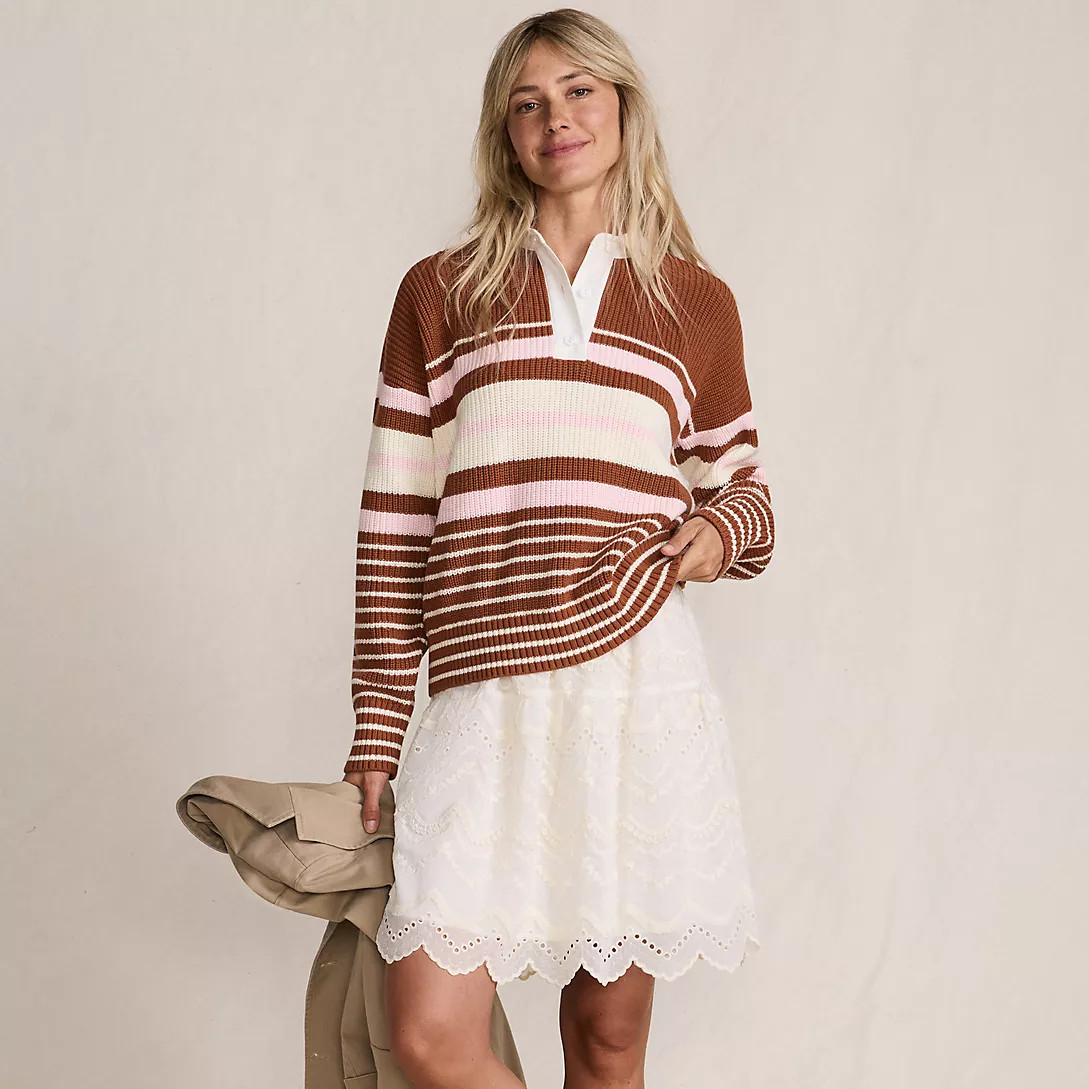 Women's Drifter Rugby with Woven Collar Sweater | Lands' End (US)