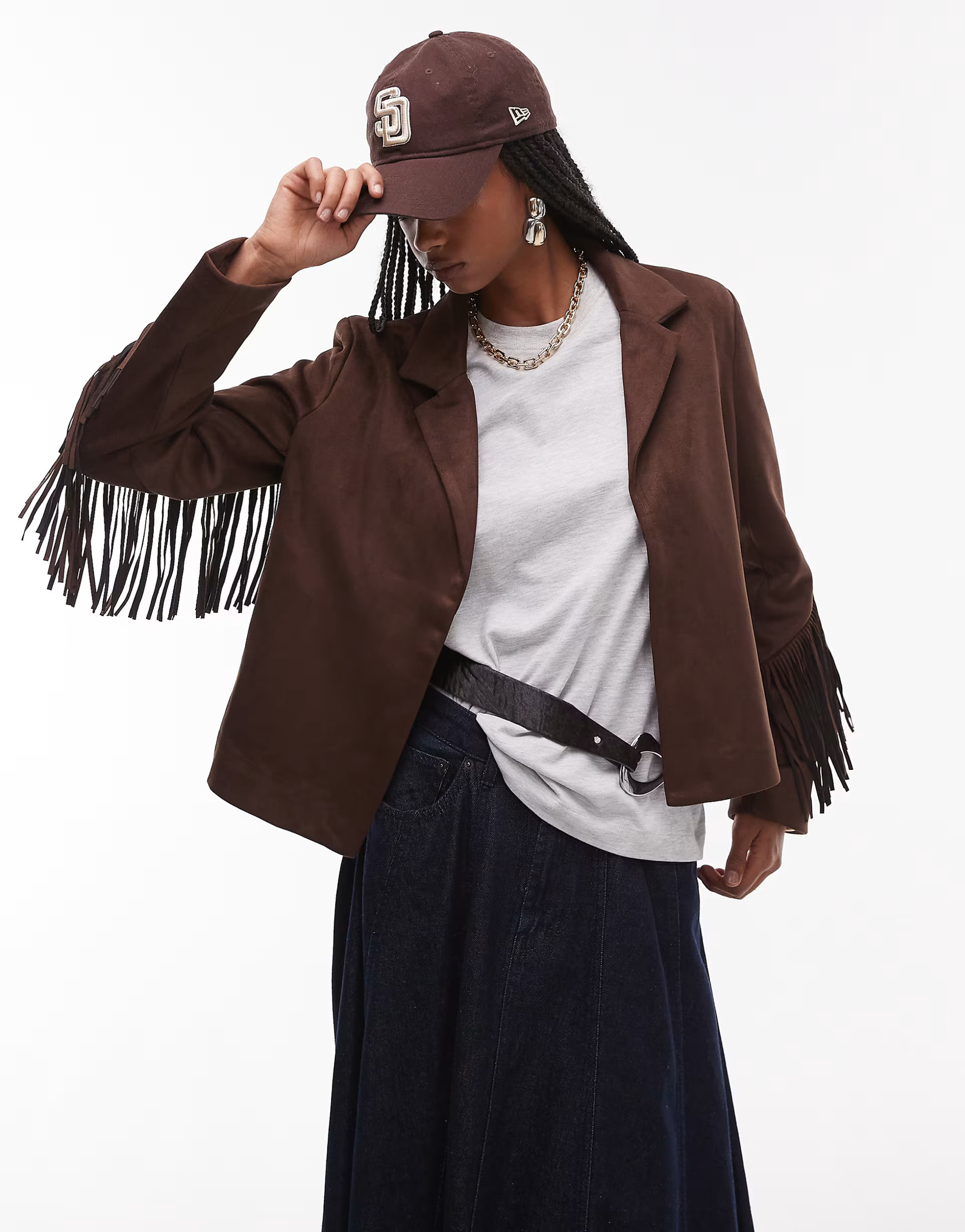 Mango tassle sleeve western suede look jacket in brown | ASOS (Global)