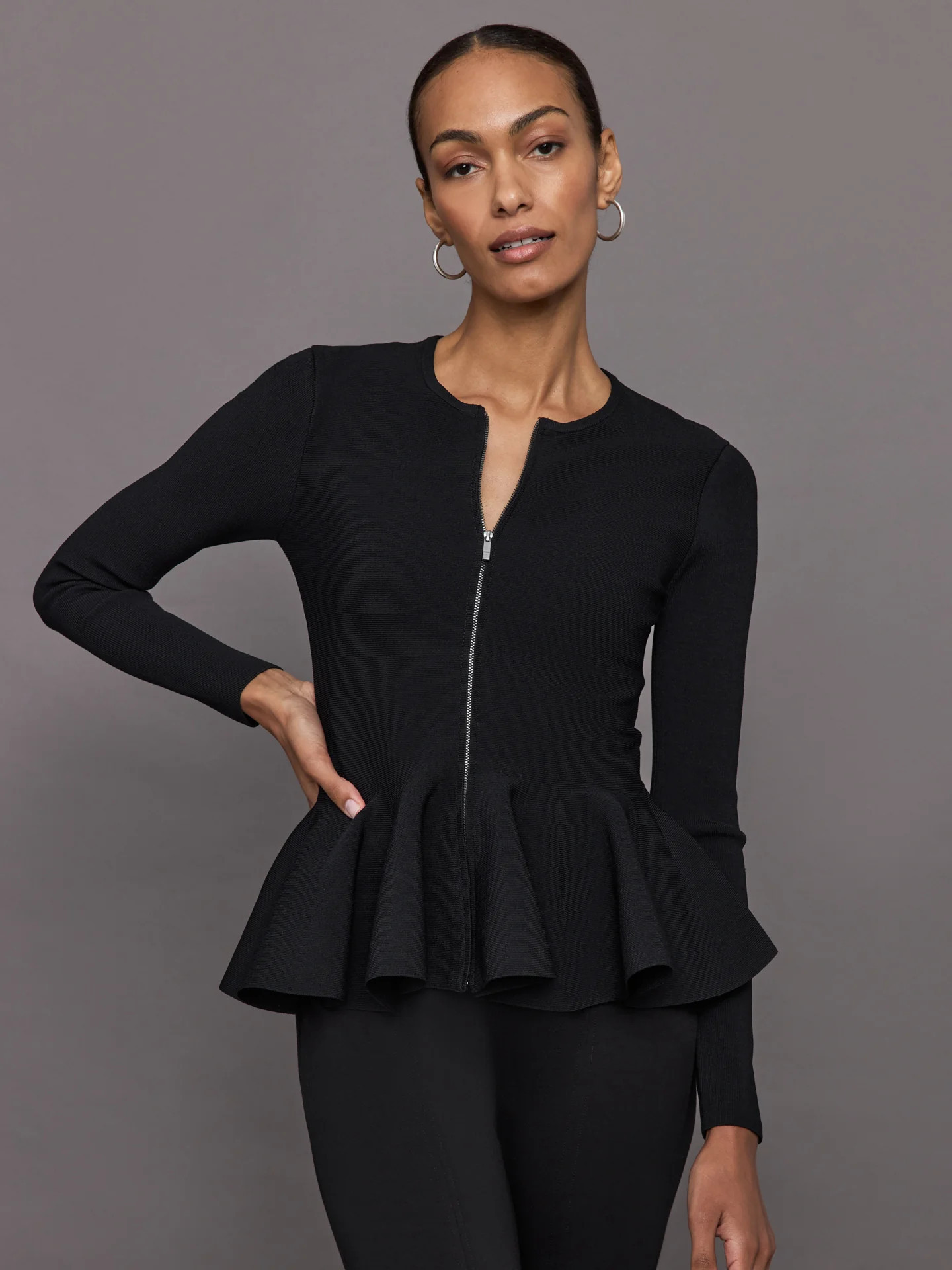 Carbon38 Peplum Zip Up - Black - Size XS | Carbon38