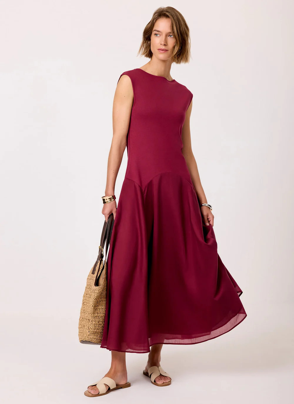 Burgundy Sleeveless Drop Waist Midi Dress | Mint Velvet