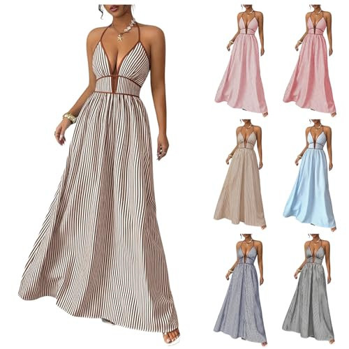 Womens Striped Dress Sexy Deep V Backless Halter Maxi Dress Crisscross Tie Waist Long Dresses Boho Vacation Dresses Coffee | Amazon (US)