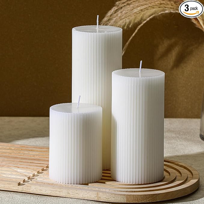 Ribbed Pillar Candles Set of 3, Width 3" High 4" 6" 8" Large Soy Wax Scented Pillar Candles Aesth... | Amazon (US)
