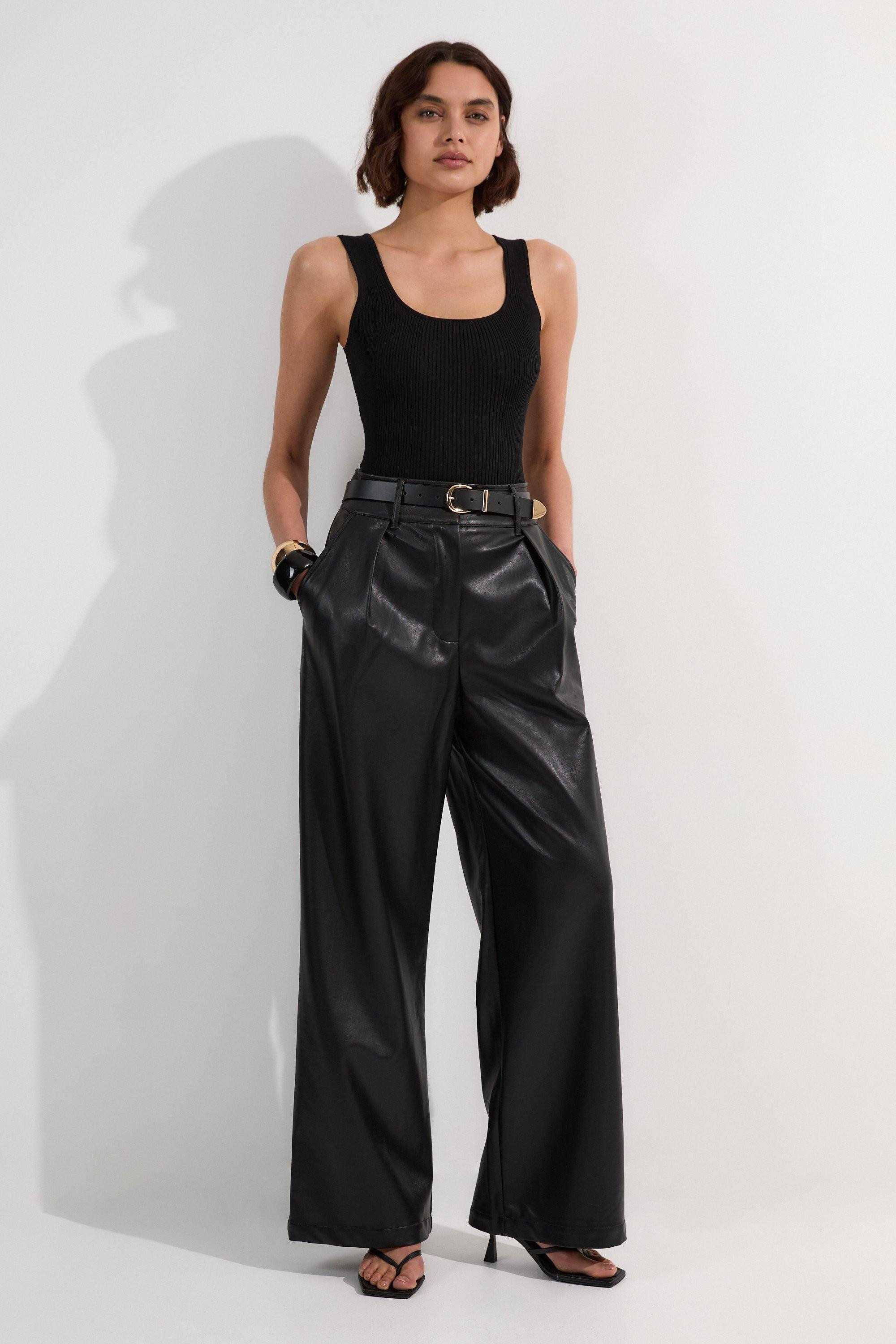 Faux Leather High Waisted Wide Leg Trousers | Karen Millen UK + IE + DE + NL
