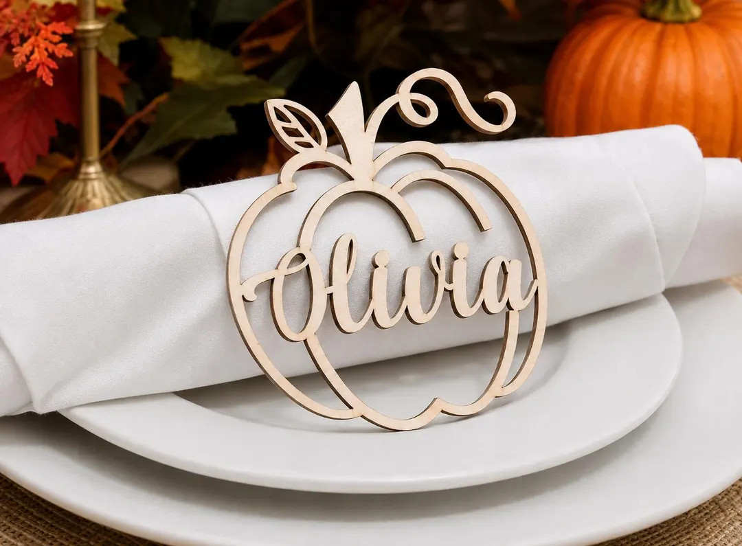 Pumpkin name plate/Wooden Fall Place Tag/Personalized Pumpkin Name plate/Friendsgiving Name Tag/T... | Etsy (Global)
