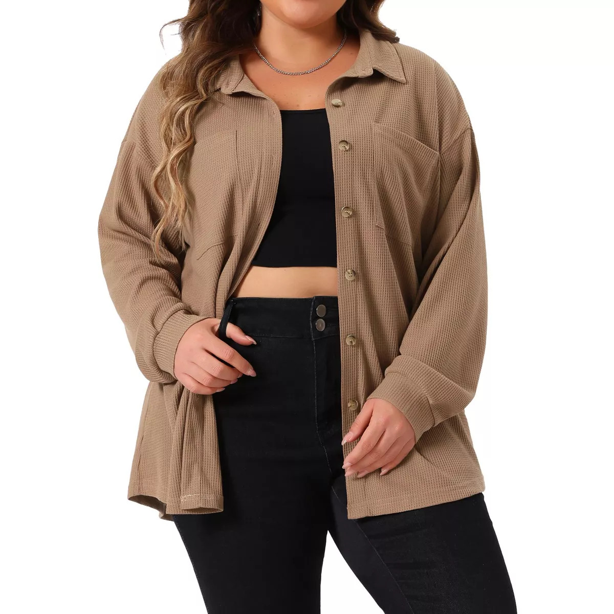 Agnes Orinda Women's Plus Size Waffle Knit Shacket Pocket Loose Long Sleeve Button Down Shirts | Target