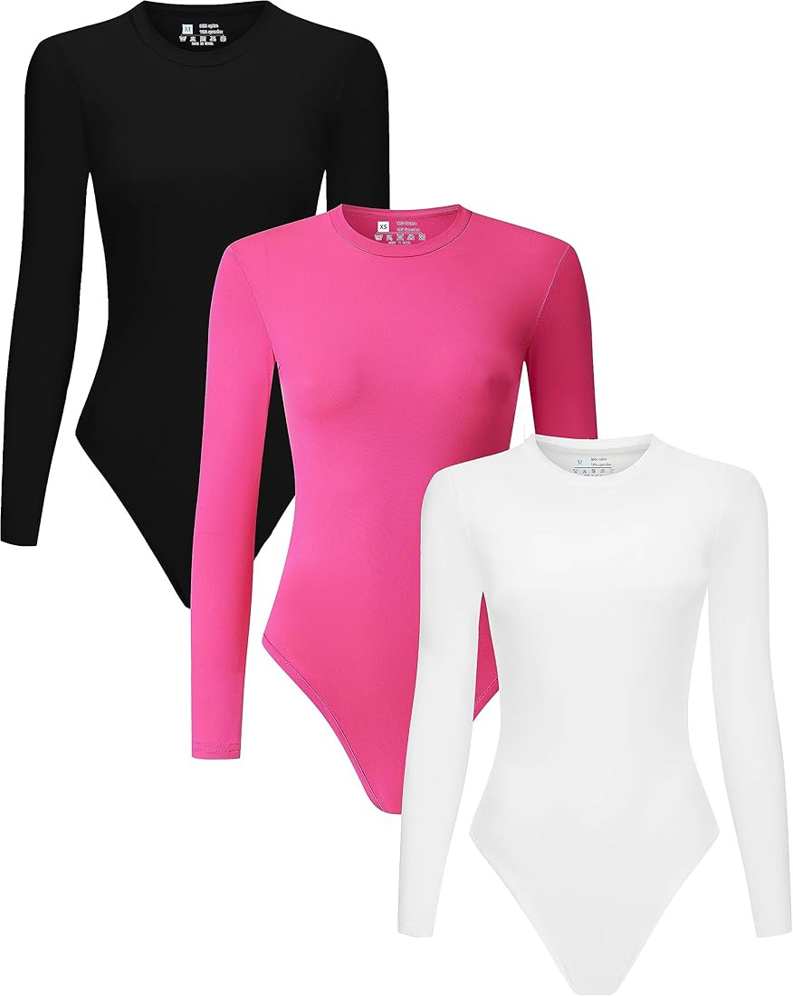 Chongbaijia 3 Piece Women's Crew Neck Long Sleeve Bodysuits T Shirts Body Suit Top | Amazon (US)