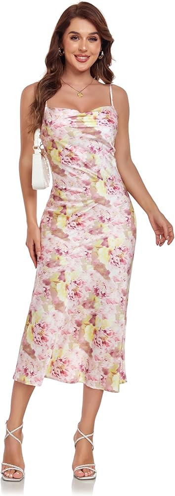 Women's Spaghetti Strap Midi Satin Silk Dresses Slip Cowl Neck Party Cocktail Evening Sexy Dress | Amazon (US)