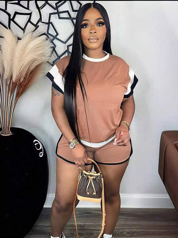 New Summer Multi-Color Casual Suit For Women, European And American Fashion, Versatile Loose Body-Concealing Short-Sleeved Two-Piece Set | SHEIN