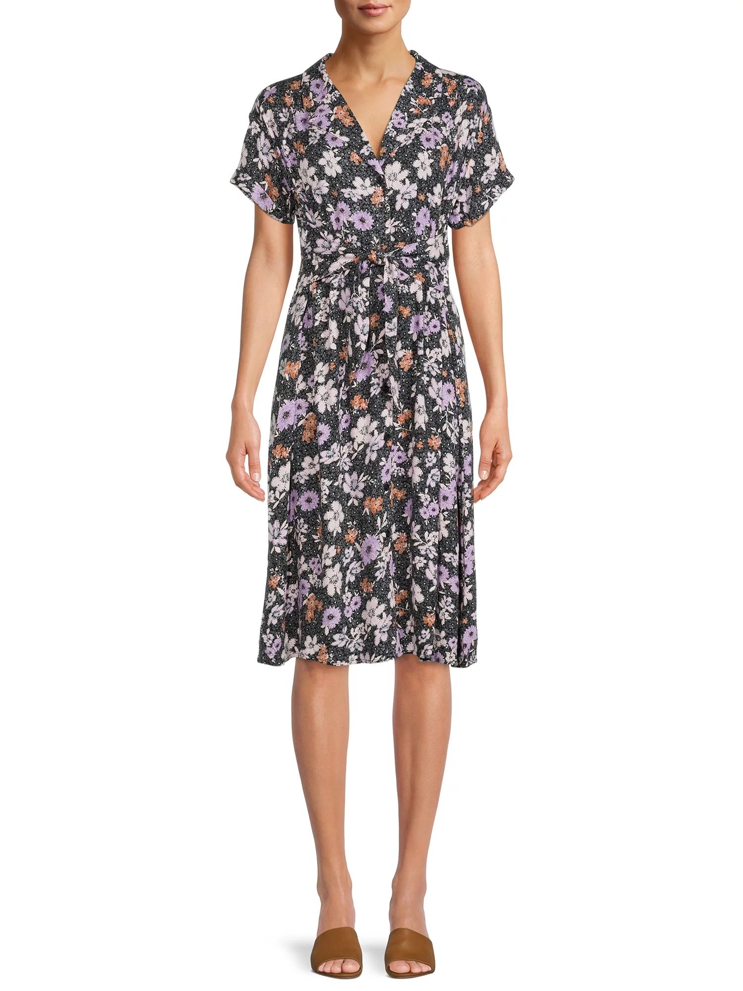 Time and Tru Women's Short Sleeve Woven Shirt Dress with Tie Front - Walmart.com | Walmart (US)