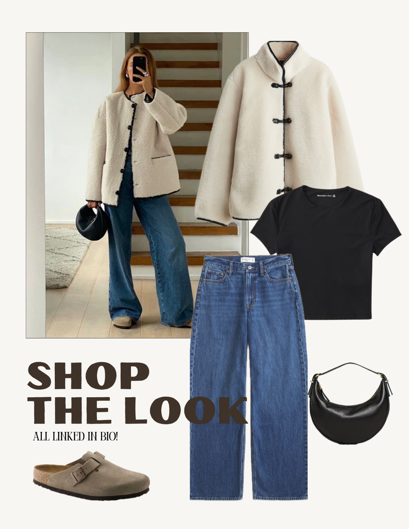 fall outfit inspo: fluffy jacket, baggy low rise jeans, basic black tee, black purse, Birkenstock Boston