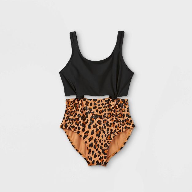 Girls' Leopard Print Knotted One Piece Swimsuit - art class™ Black | Target